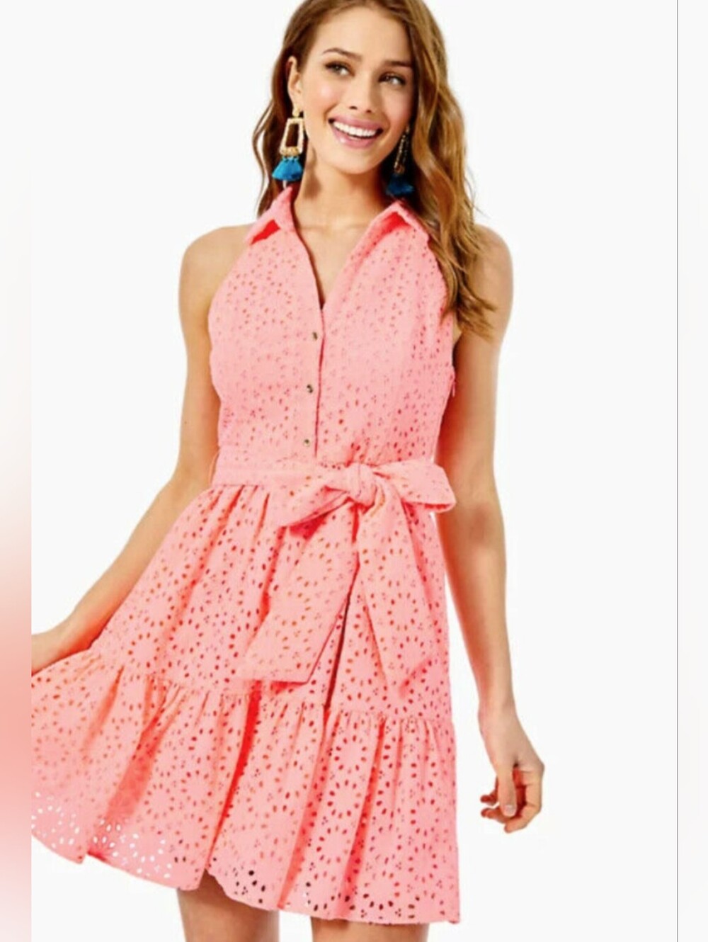 Lilly Pulitzer Trisha Coral Eyelet Sleeveless Shirt Dress with Waist Tie